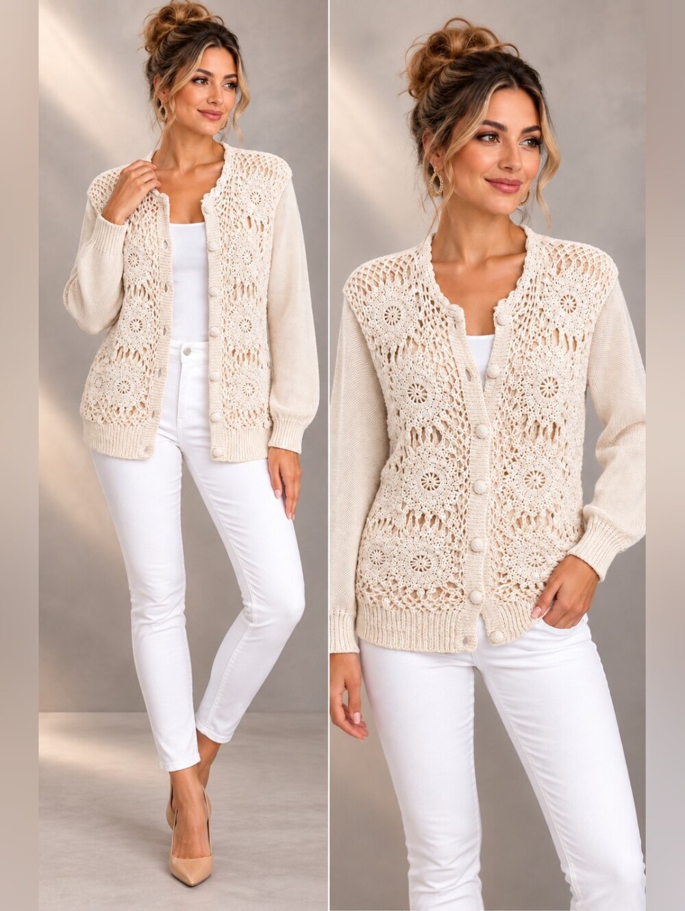 Vintage Jacquelyn by Browne Crochet Cardigan Sweater Ivory Button-Up Small